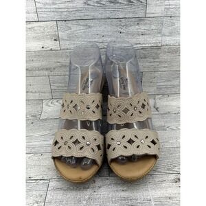 Spring Step Women Beige Leather Laser Cut Floral Wedge Slide Sandals Italy Sz 38